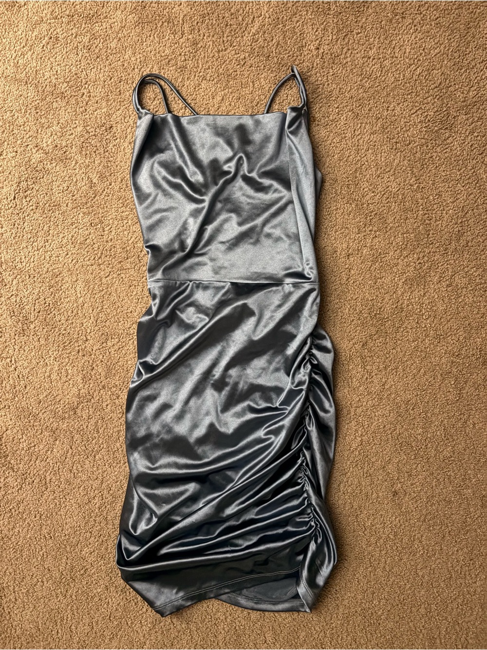 Windsor Metallic Dusty Blue Satin Ruched Slip Mini Dress